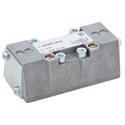 Metallisches Bauteil mit sechs Schrauben und Etikett, das technische Details und eine kleine Skizze enthält. Schaltventil.
