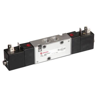 Ein elektronisches Magnetventil mit zwei schwarzen Enden und einer grauen Mittelkammer. Dient zur Steuerung des Luftstroms in Maschinen.