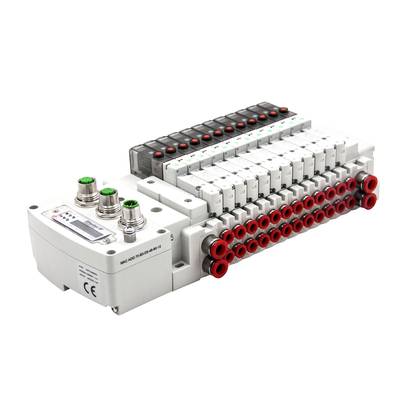 Elektrisches Ventilmodul mit mehreren Ventilanschlüssen, Schaltern und Statusanzeigen. Nutzung in industriellen Automatisierungssystemen.