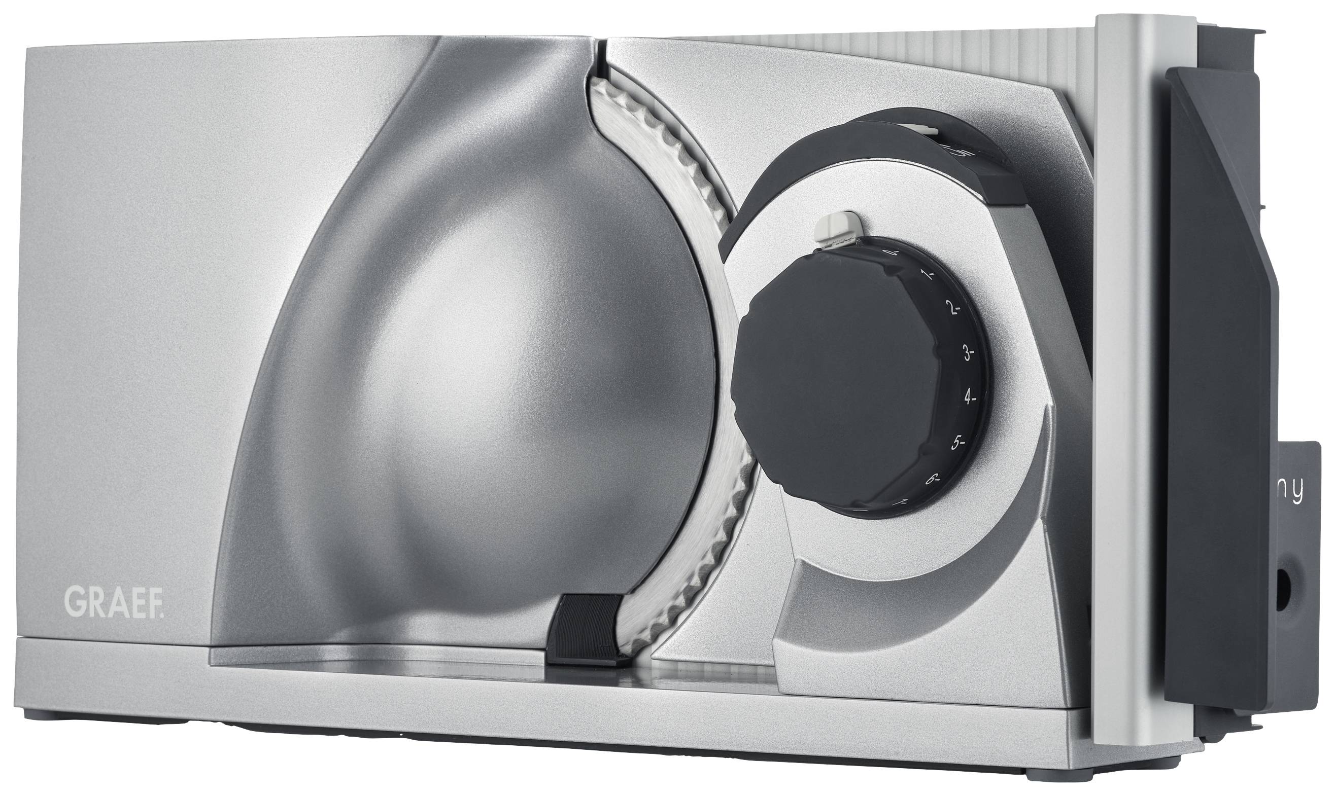 Elektrischer Allesschneider in Silber mit Drehrad zur Einstellung der Schnittstärke. Geeignet zum Schneiden von Brot, Käse, Fleisch.