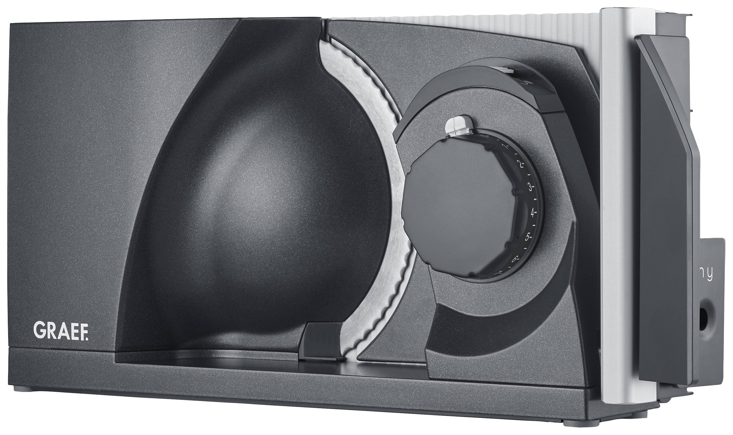 Elektrischer Allesschneider in Schwarz und Grau mit verstellbarem Schneidegrad. Geeignet zum Schneiden von Brot, Käse und Wurst.