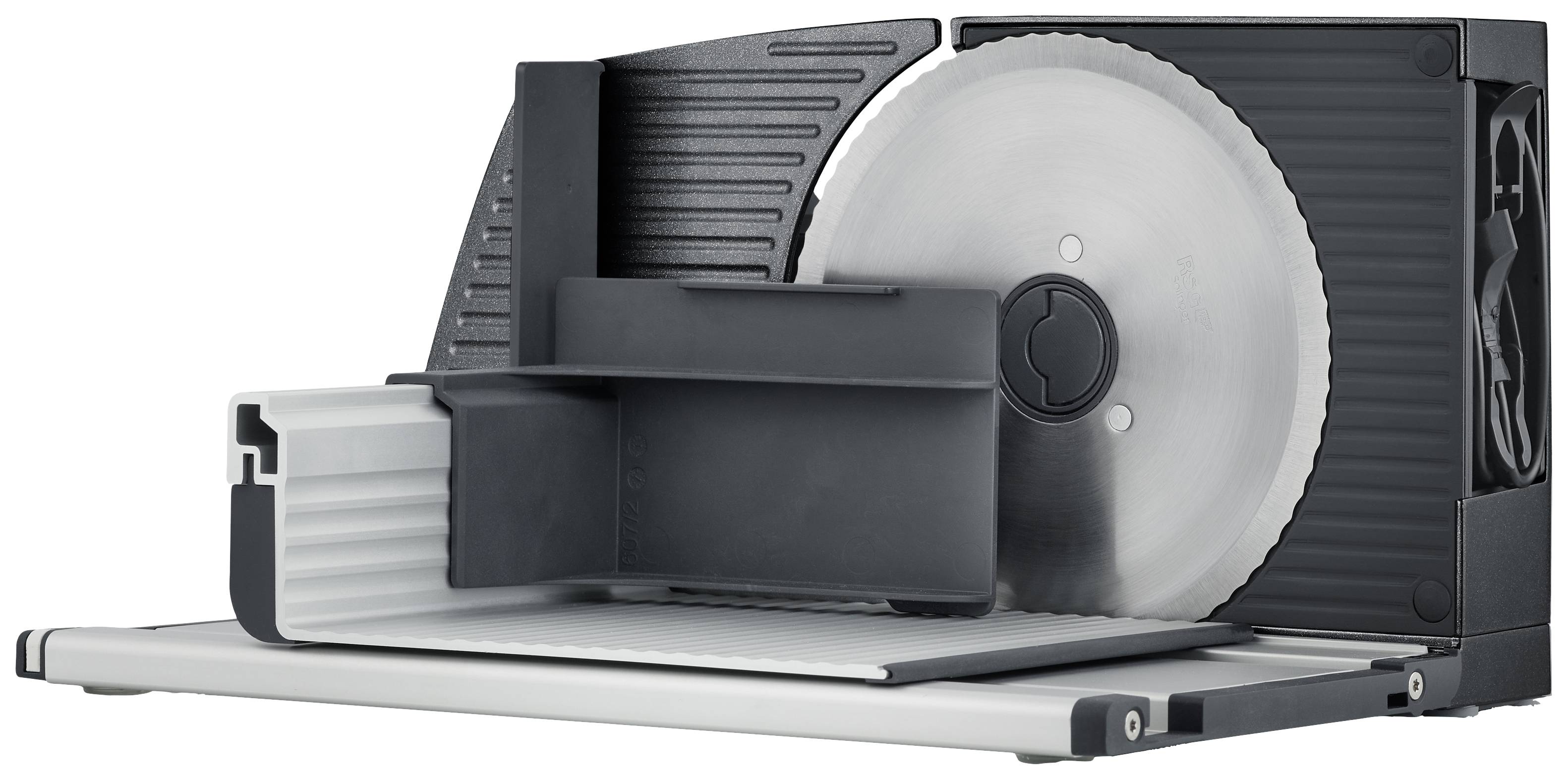 Elektrischer Allesschneider mit silbernem Gehäuse und großer runder Klinge, geeignet zum Schneiden von Brot, Fleisch und Käse.