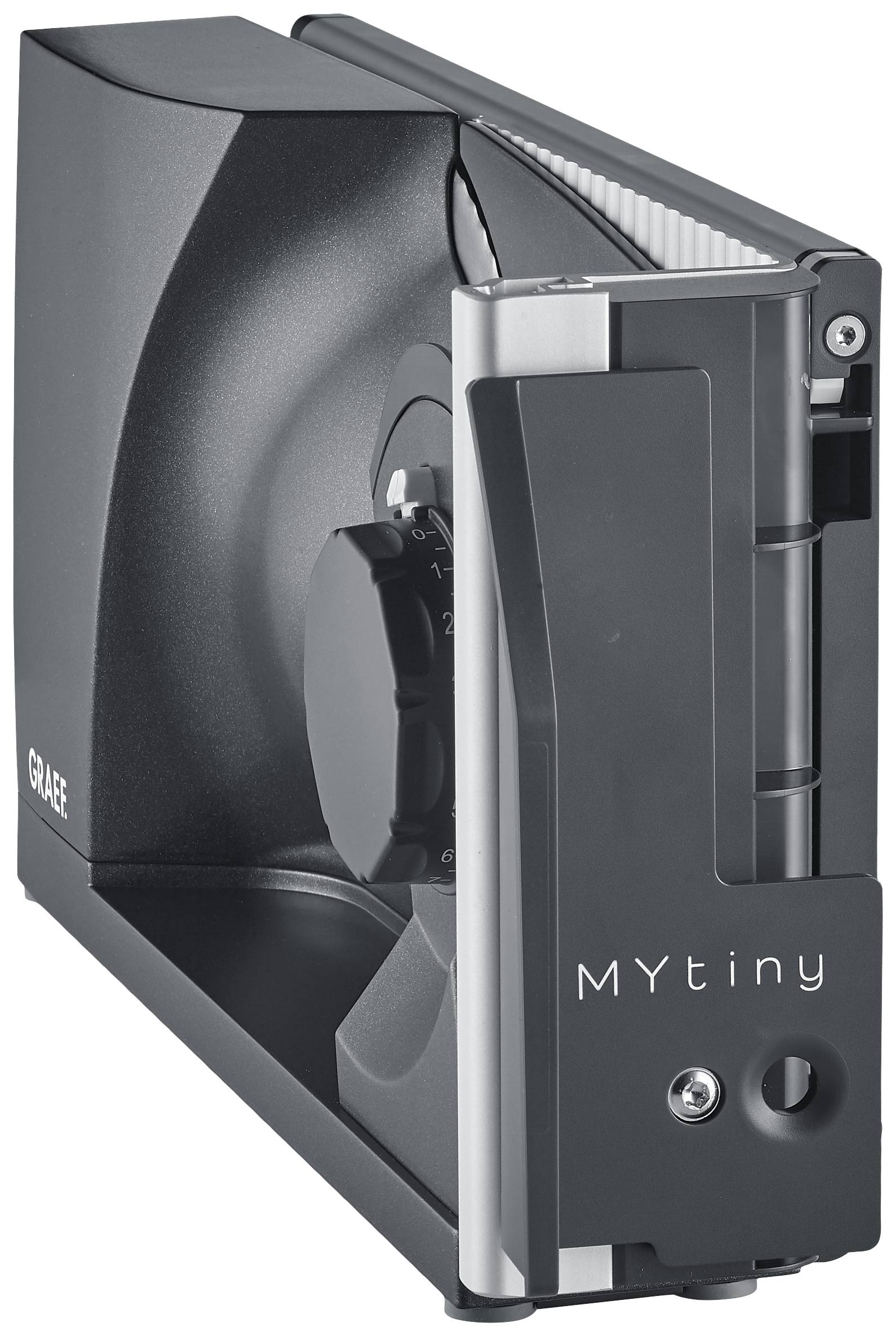 Ein elektrischer Allesschneider in kompakter Größe mit der Aufschrift 'MYtiny' auf der Vorderseite. Das Gerät ist modern gestaltet.