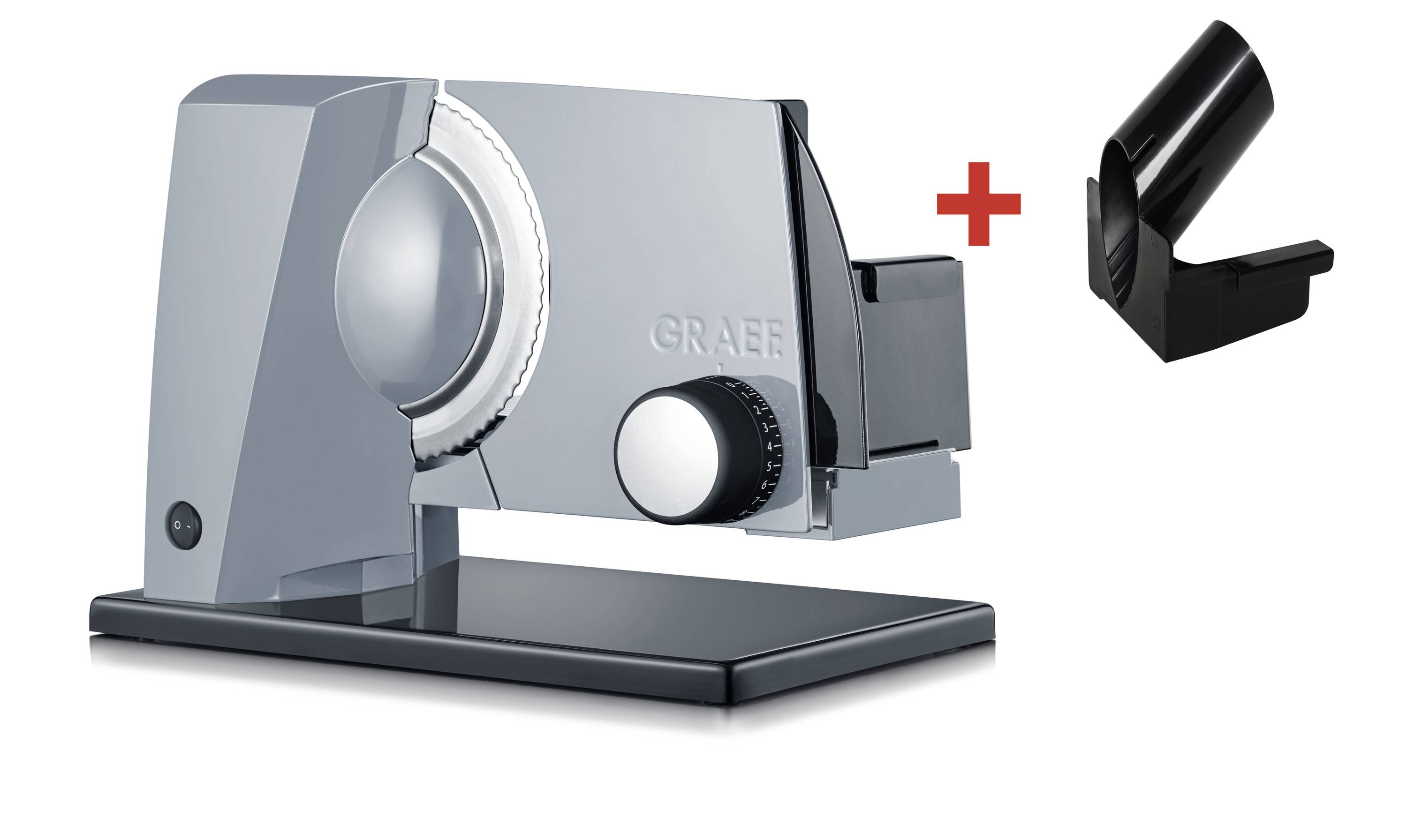 Grauer Allesschneider mit abnehmbarer Halterung und schwarzem Schutzaufsatz. Gerät zur sicheren und präzisen Schneidarbeit.