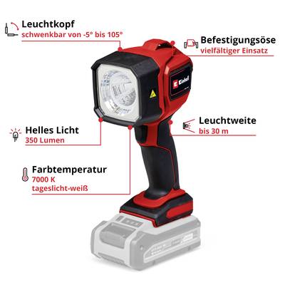 'Akkustrahler mit schwenkbarem Leuchtkopf, 350 Lumen, 30m Leuchtweite, 7000 K Farbtemperatur, vielseitige Befestigungsöse.'