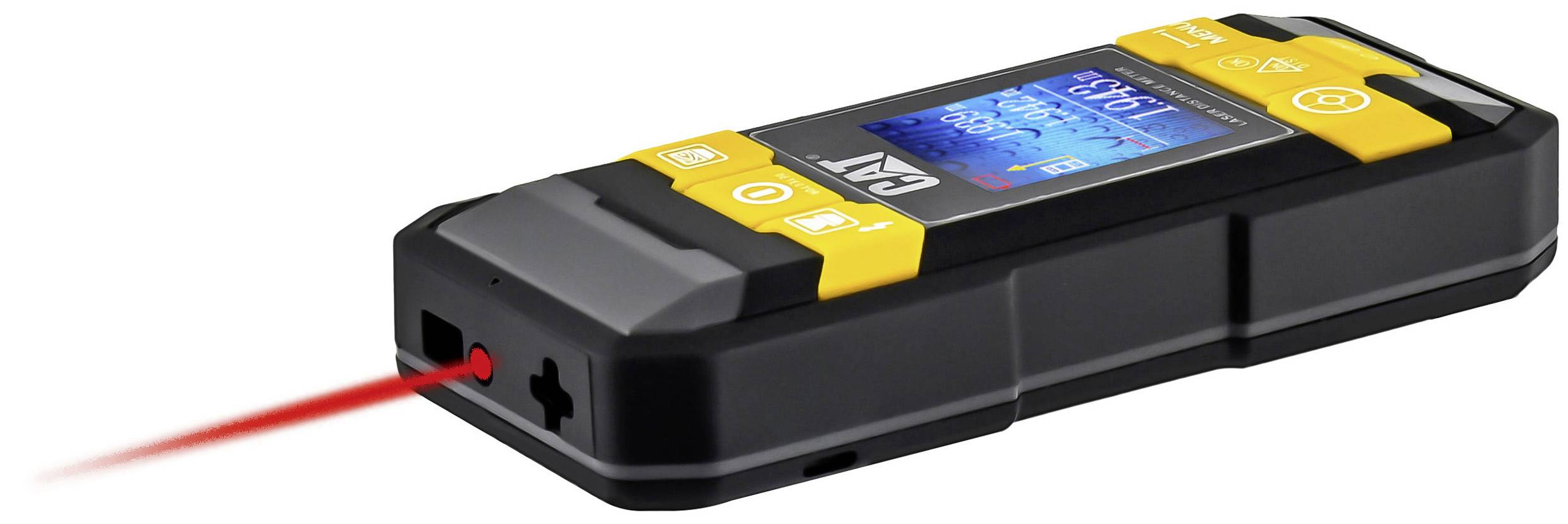 Lasermessgerät mit digitalem Display, zeigt 149,6 cm an. Gerät hat gelbe und schwarze Details, emittiert roten Laserstrahl.