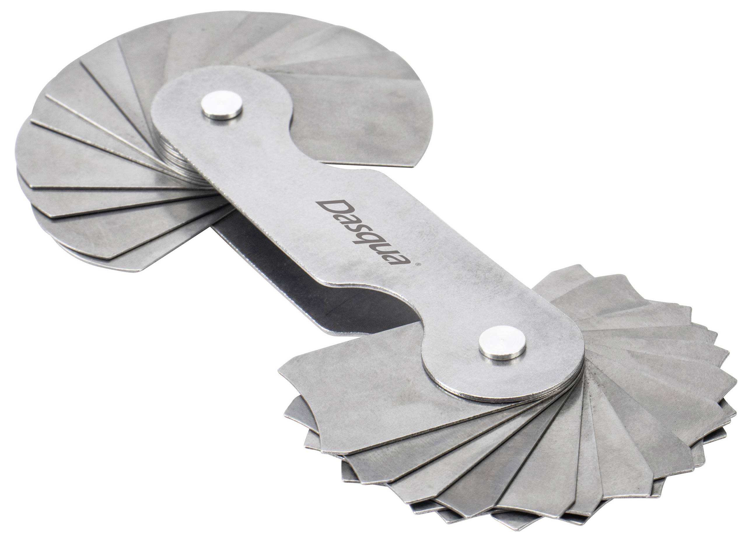 Ein Fühlerlehren-Set aus Metall mit mehreren dünnen, fächerförmig angeordneten Blättern zum Messen von Spalten oder Abständen.