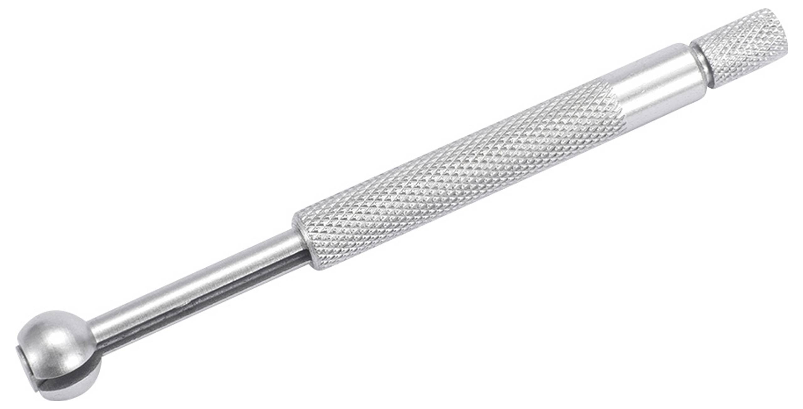 Metallwerkzeug mit strukturiertem Griff und kugelförmigem Ende, zur Korrektur von Ventilfedern in Fahrrädern verwendet.