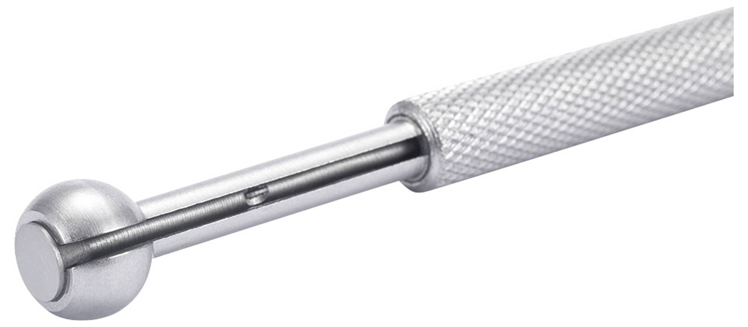 Metallstab mit geriffeltem Griff und kugelförmigem Ende, möglicherweise ein Werkzeug oder Instrument für präzise Arbeiten.