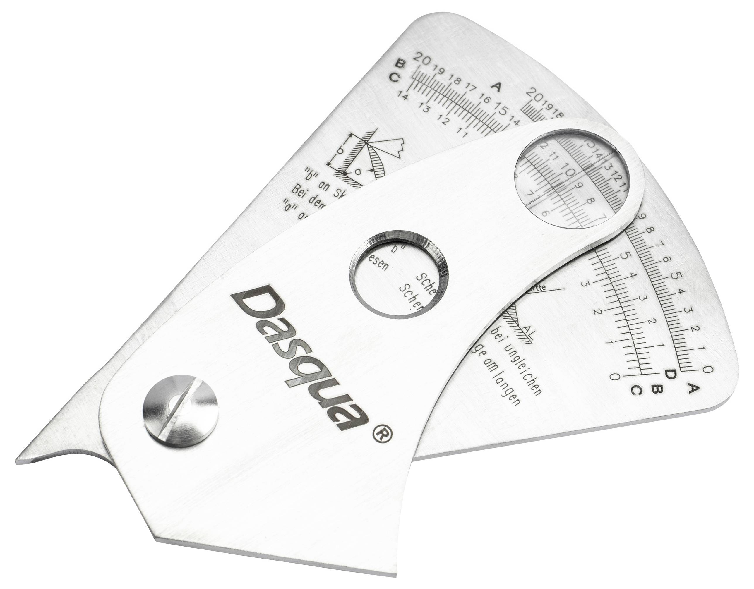 Winkelmesser aus Metall mit Skalen zur Messung von Winkeln und Grad. Markierungen und Maßeinheiten sind sichtbar.