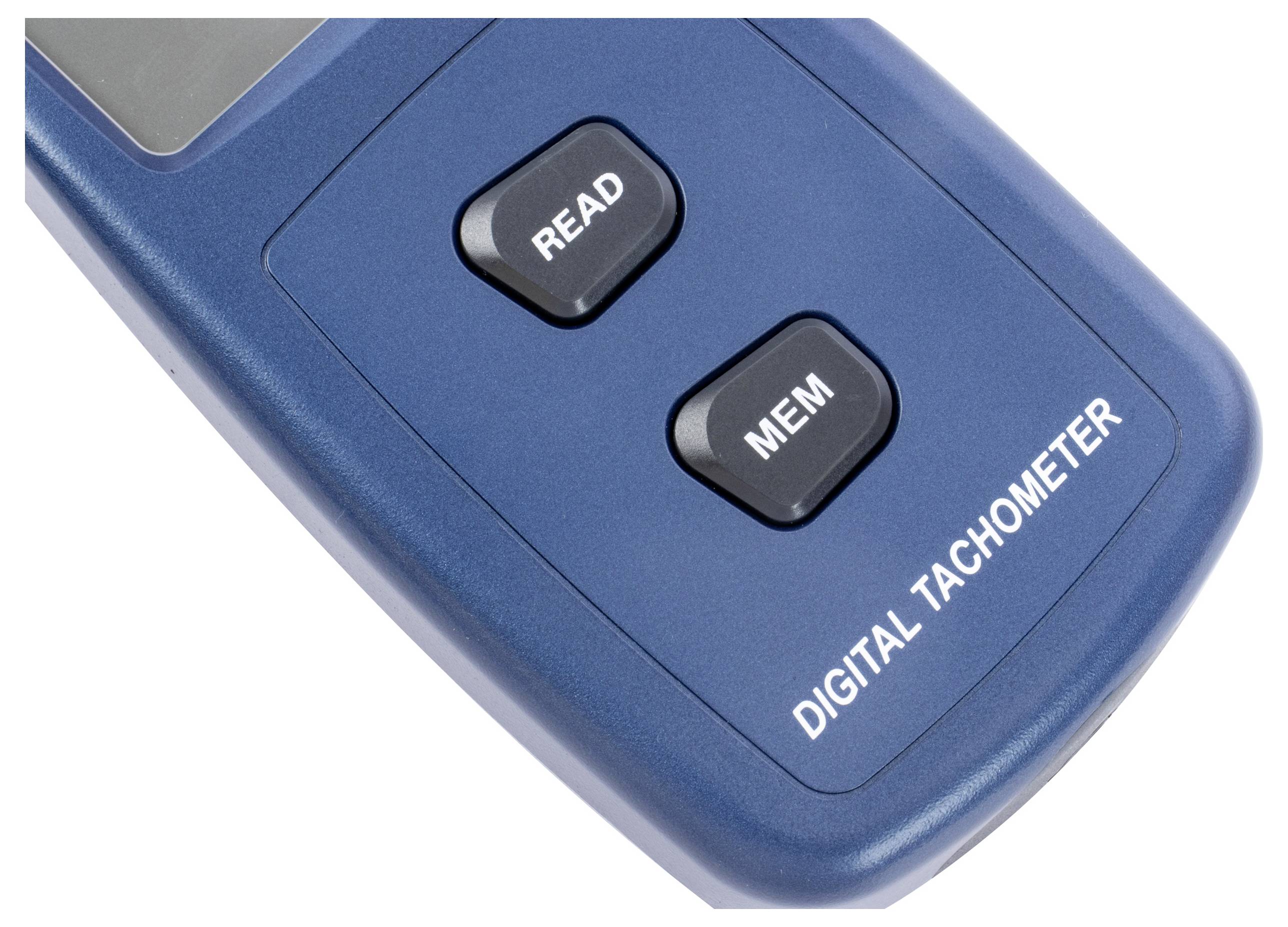 Ein digitaler Tachometer in Nahaufnahme mit zwei Tasten: 'READ' und 'MEM'.
