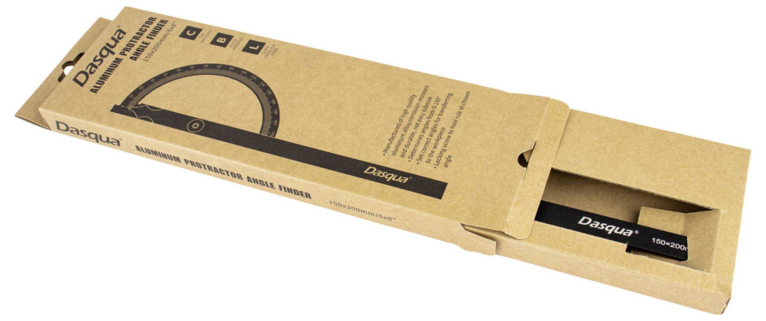 'Dasqua Aluminium Winkelmesser' in einer geöffneten braunen Kartonverpackung angezeigt.