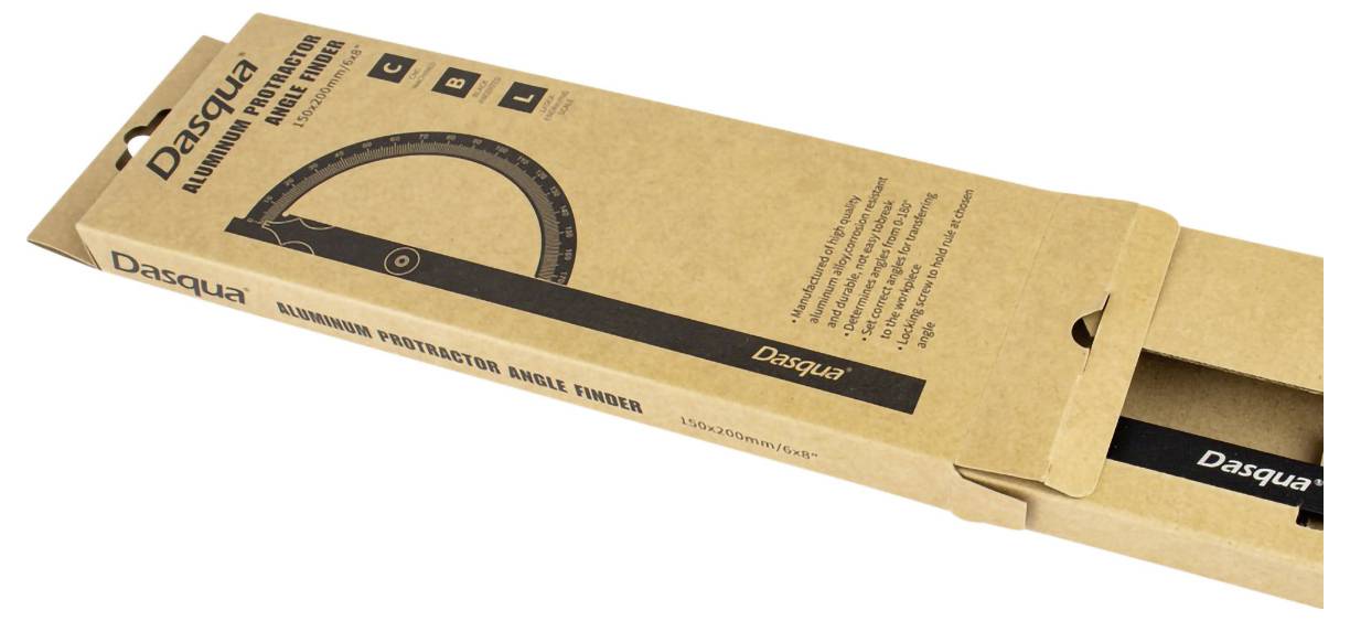 Ein brauner Karton mit der Aufschrift 'Dasqua Aluminum Protractor Angle Finder', einem Winkelmesser-Abbild und Produktinformationen.