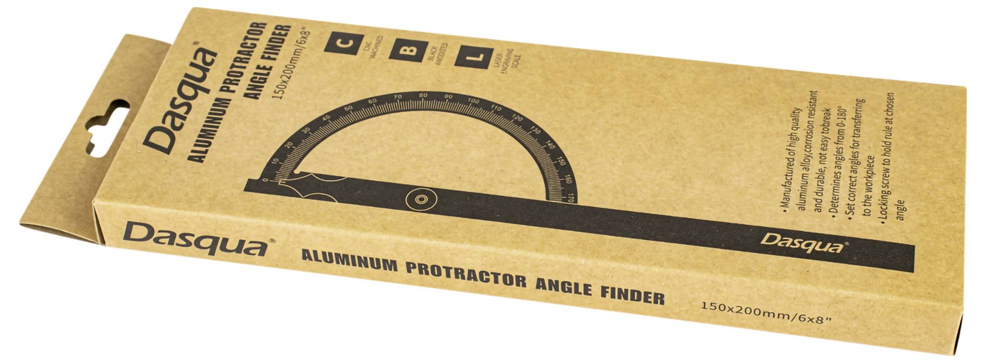 Verpackung eines Winkelmessers aus Aluminium, Marke Dasqua, mit Abbildung des Werkzeugs und Produktbeschreibungen in englischer Sprache.