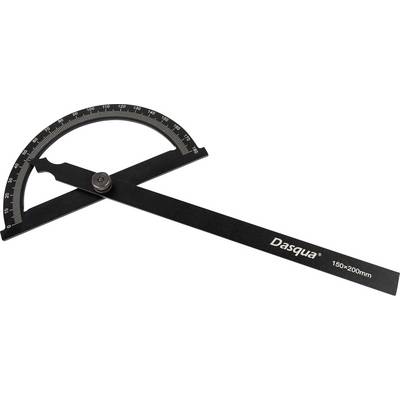 Ein schwarzer Winkelmesser zum Messen von Winkeln mit Graduierung von 0 bis 180 Grad, Marke 'Dasqua', liegt flach auf einer weißen Oberfläche.