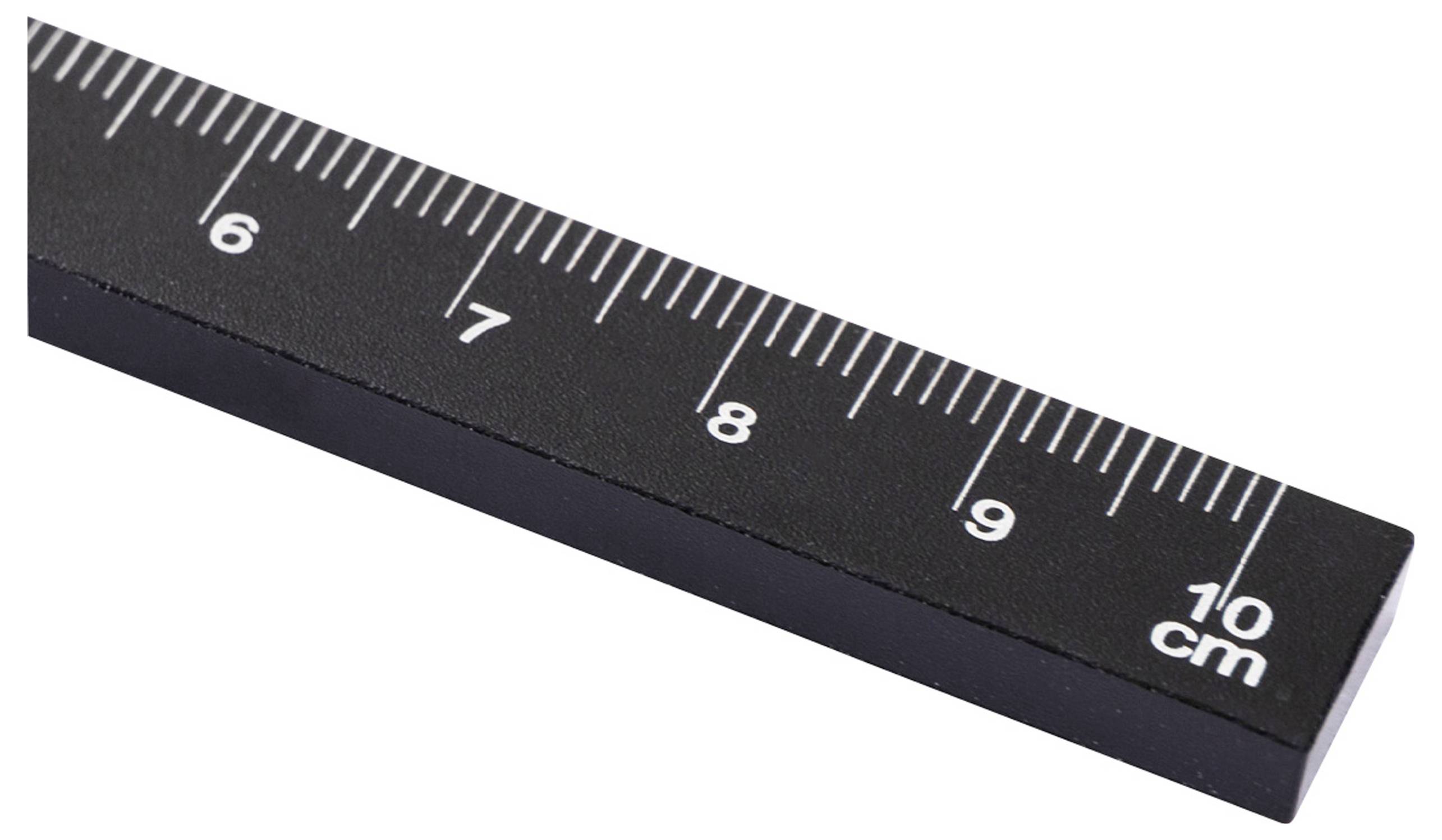 Ein schwarzes Lineal mit weißen Markierungen zeigt Zentimetereinheiten bis 10 cm.