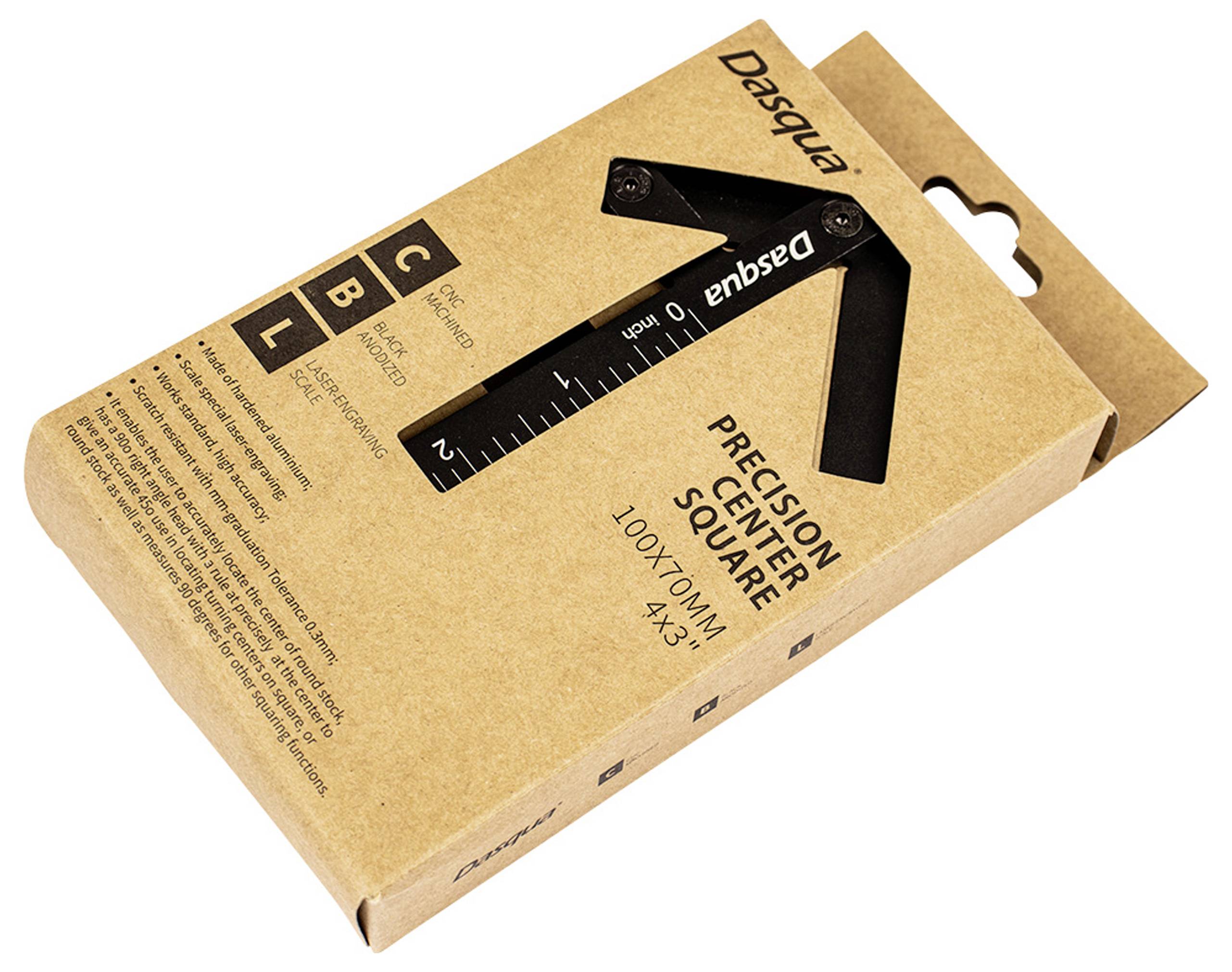 'Dasqua Precision Center Square' in einer braunen Verpackung. Werkzeug mit Zahlenmarkierungen, geeignet für präzise Messungen.