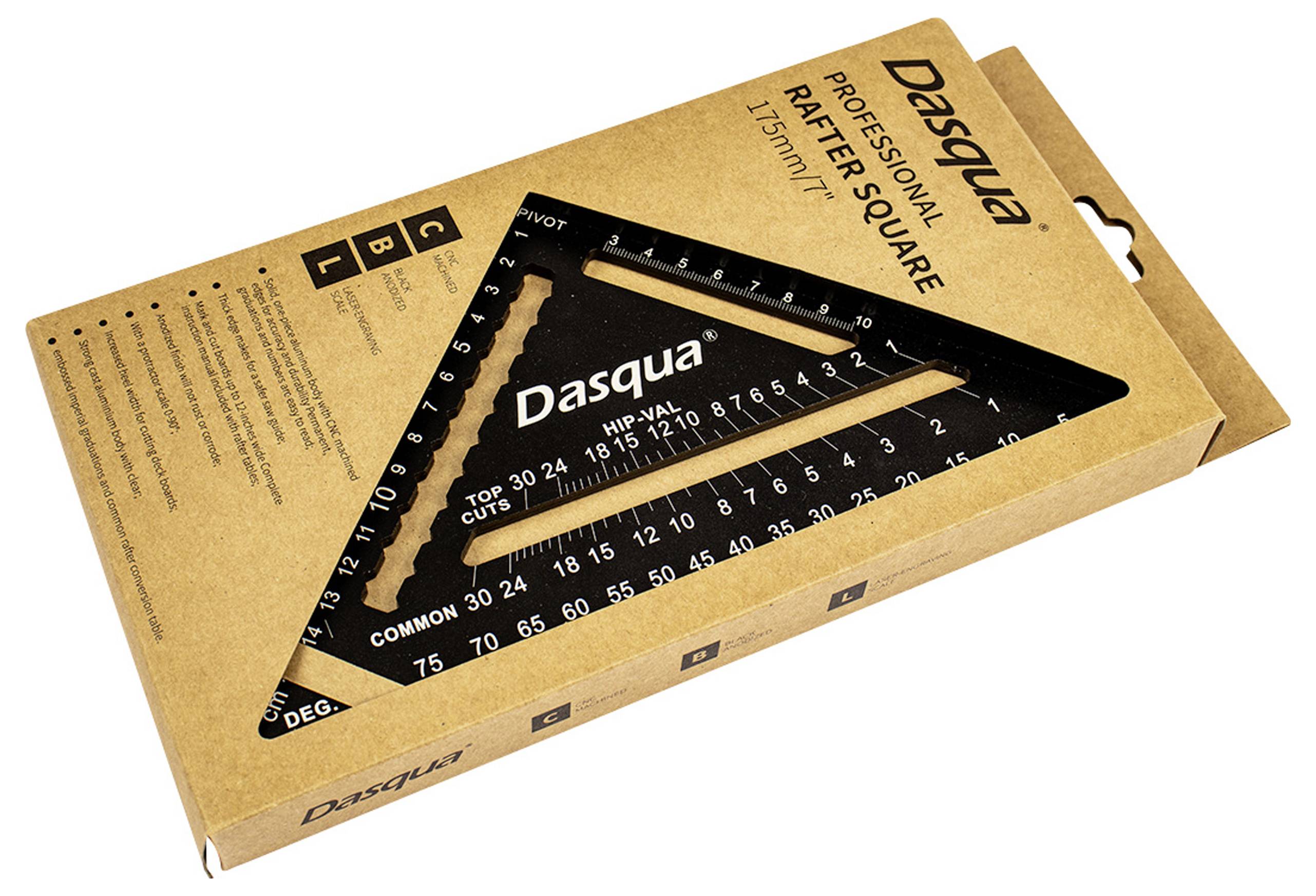 Ein Verpackungskarton mit einer Dreieck-Schablone für Dachbalken von Dasqua, zeigt Messskalen und ein Firmenlogo im Vordergrund.