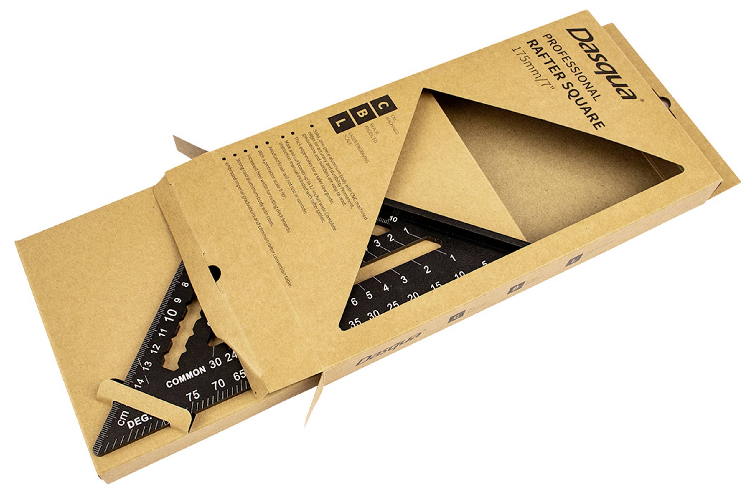 Gezeigtes Bild einer Dasqua Winkelmesser-Box mit einem teilweise sichtbaren Dreieckswinkelmesser, typisch für Bauarbeiten.