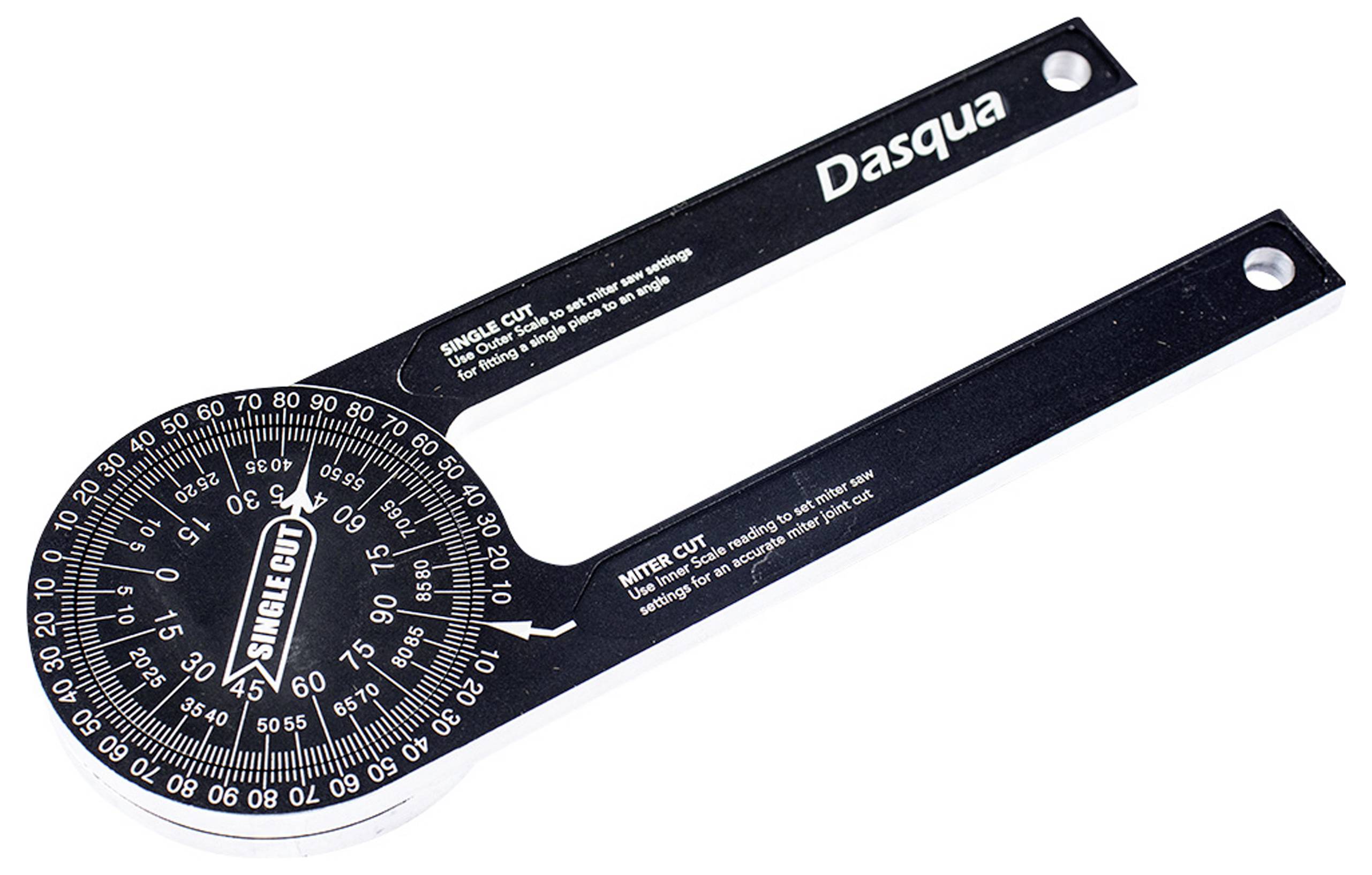 Ein schwarzer Winkelmesser mit Skala zur Messung von Winkeln zwischen zwei Objekten. Markierungen für 'Single Cut' und 'Miter Cut'.