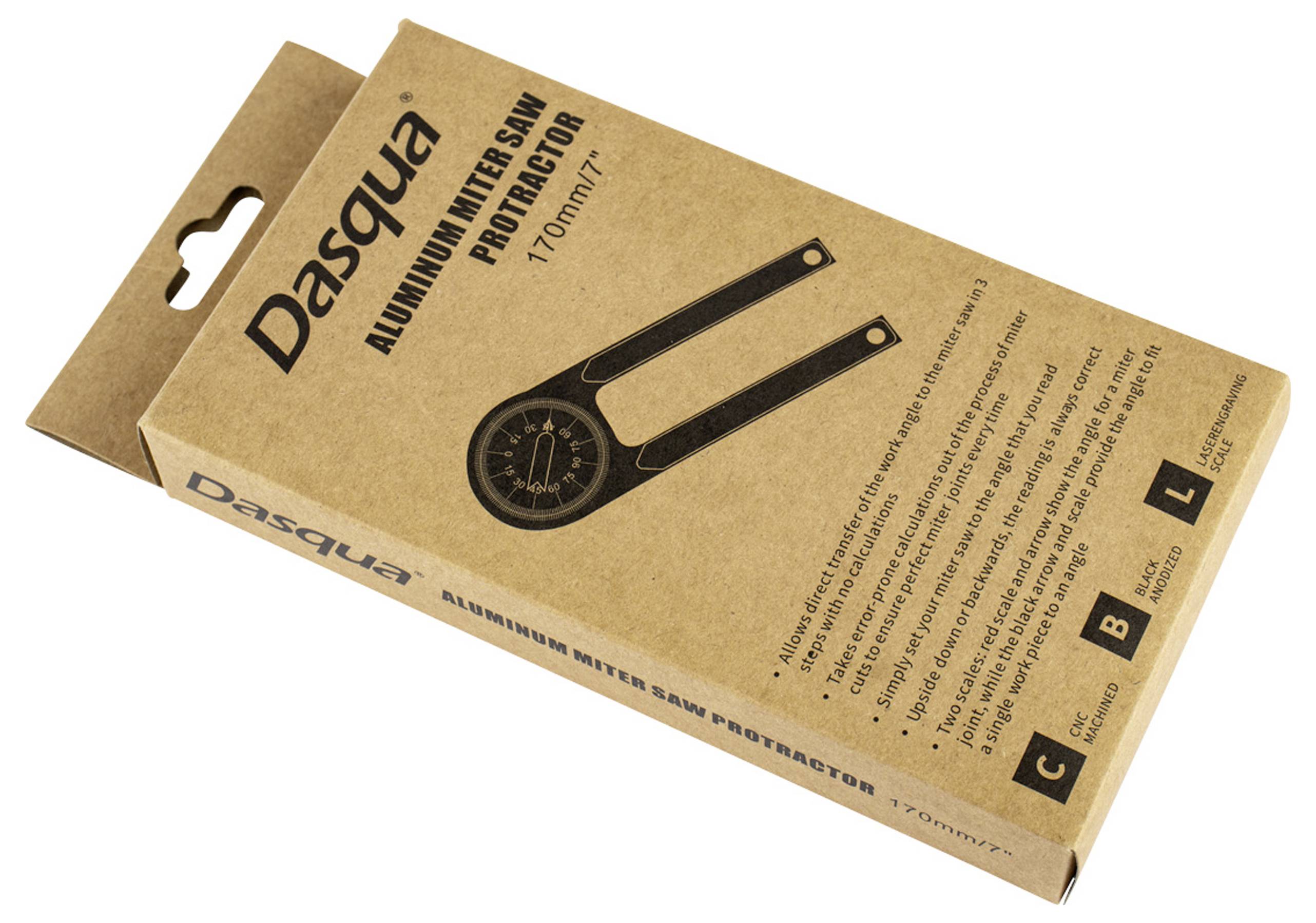 Das Bild zeigt eine Verpackung eines 'Dasqua Aluminium Miter Saw Protractor 170mm/7'. Es ist ein Winkelmesser für präzise Sägeschnitte.