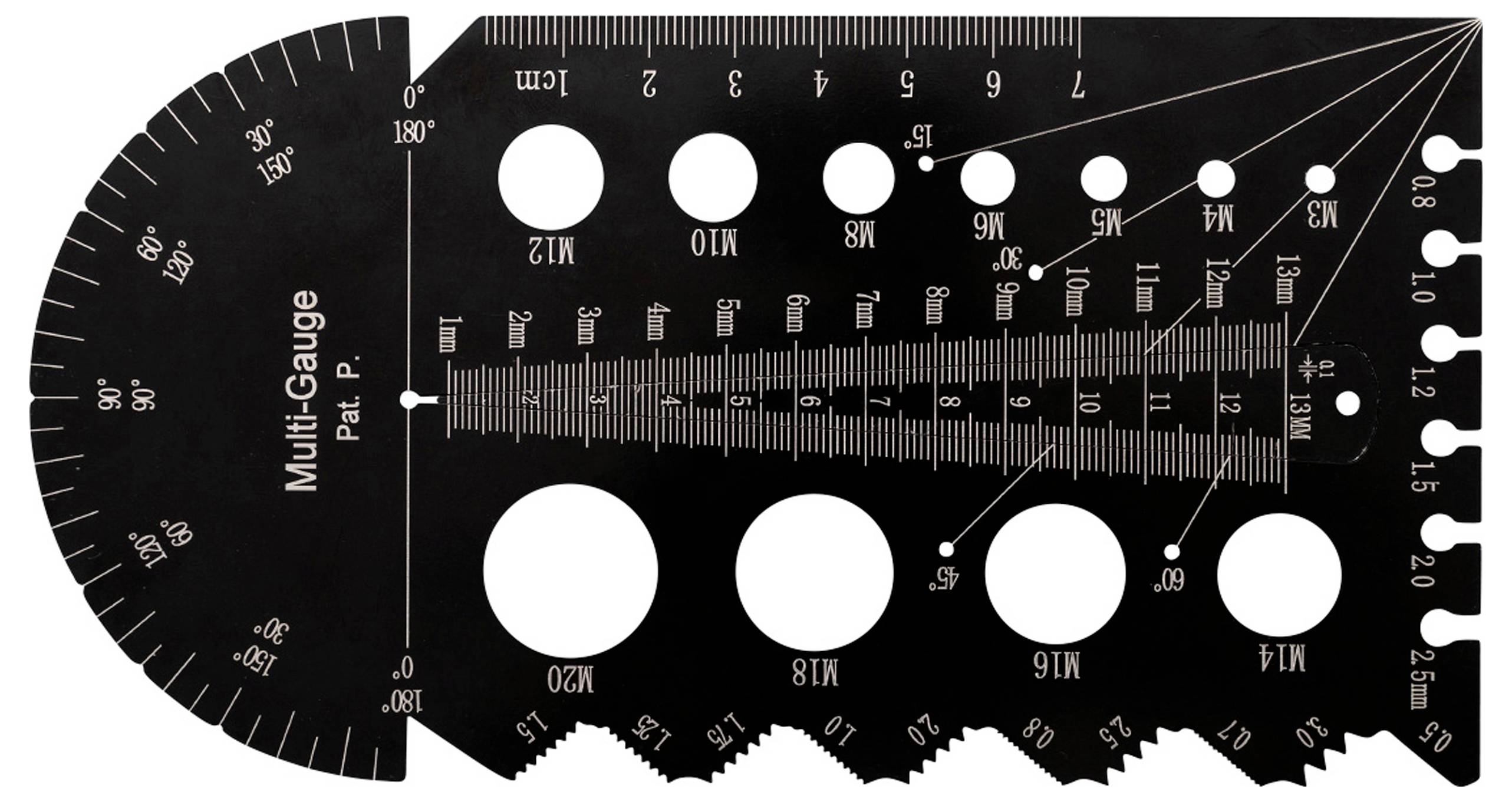 Vielzweck-Messschablone mit Winkelmesser und verschiedenen Löchern zur Größen- und Winkelbestimmung.