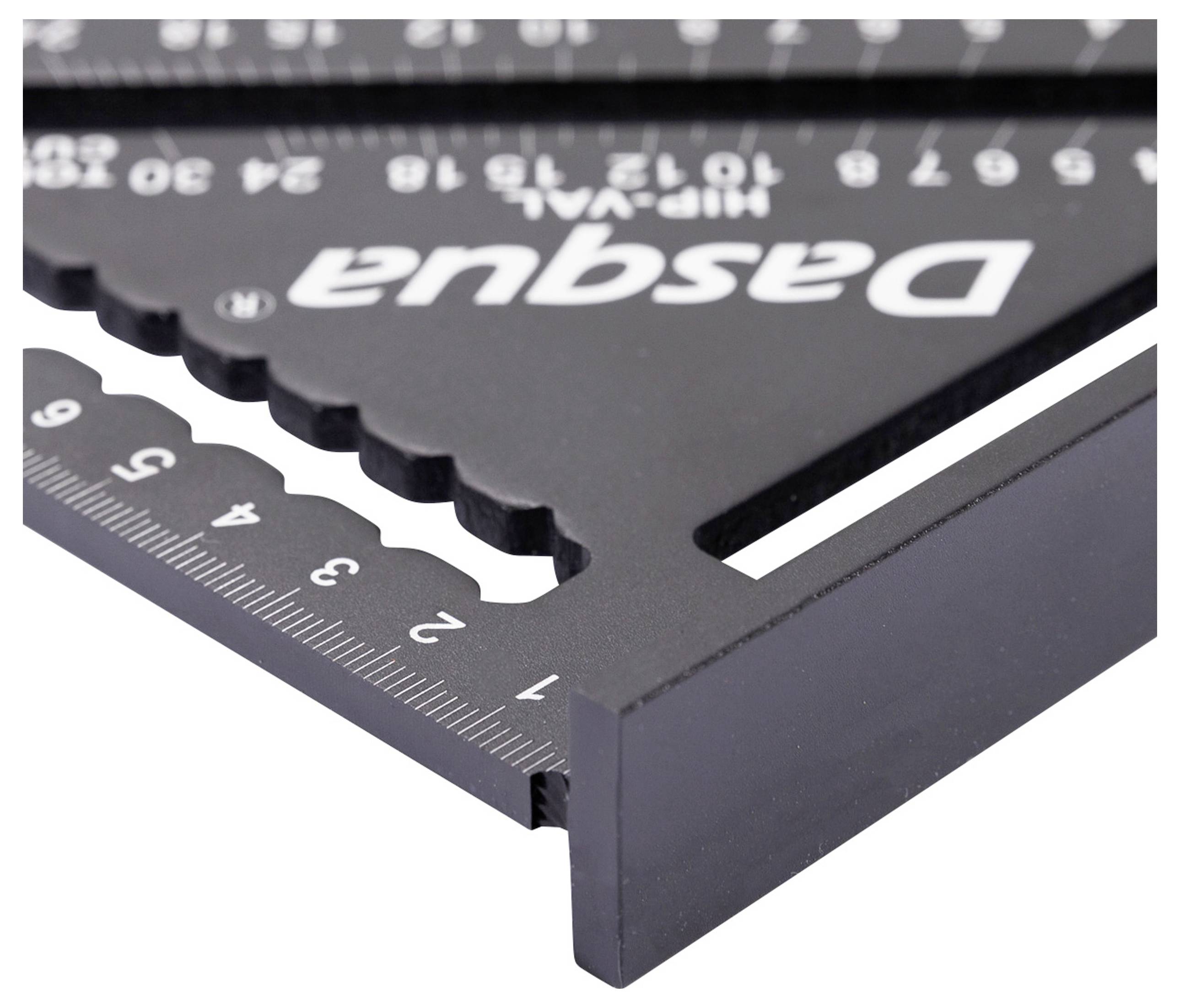 Ein schwarzes Werkzeug mit Zahlen und Markierungen in Weiß, möglicherweise ein Winkelmesser oder Messwerkzeug zum Präzisionsmessen.