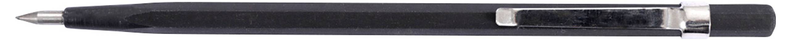 Schwarzer Kugelschreiber mit silbernem Clip und Spitze.