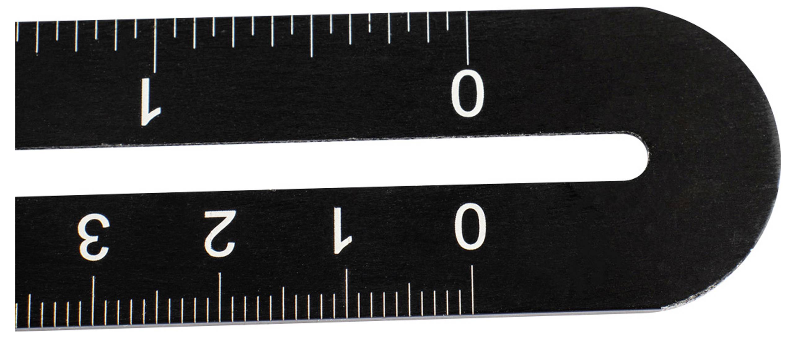 Schwarzer Messschieber mit weißen Markierungen, zeigt Maßeinheiten von 0 bis 3.