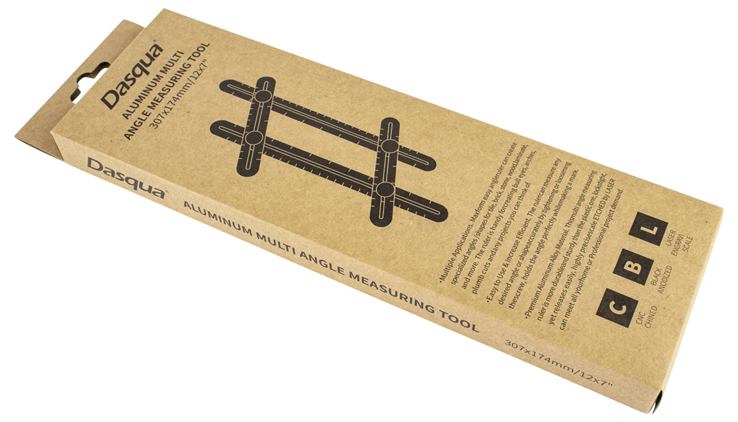 Verpackung des 'Dasqua Aluminum Multi Angle Measuring Tool', zeigt Produktnamen und Größe, verpackt in brauner Pappschachtel.