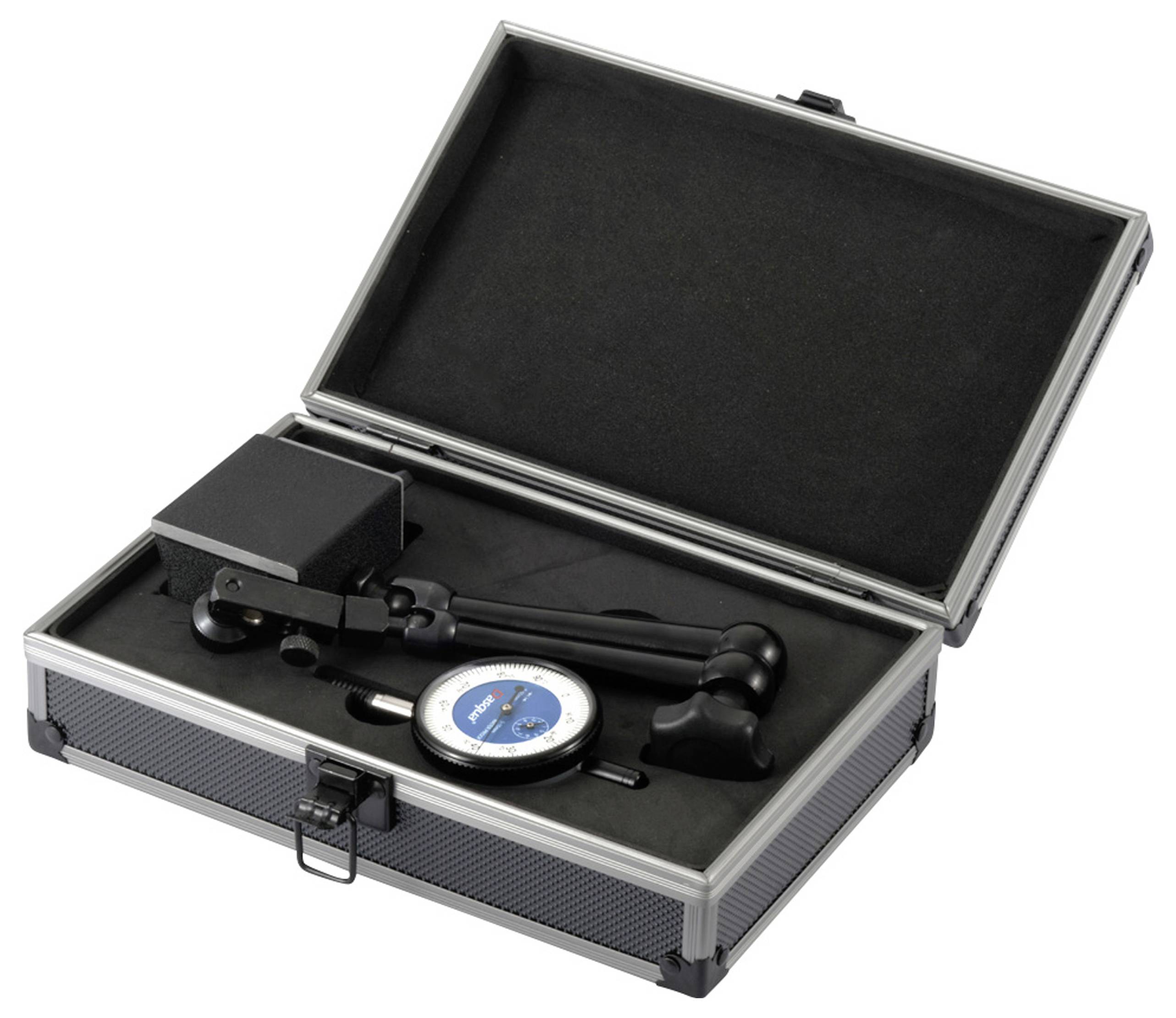 Ein offener schwarzer Koffer mit Präzisionsinstrumenten, darunter ein Manometer mit blauer Skala und ein schwarzes Werkzeug.