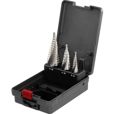 'Dreierset Stufenbohrer in offenem grauen Kunststoffkoffer. Bohrergrößen: 4-30 mm, 4-20 mm, 4-12 mm, in Halterung präsentiert.'