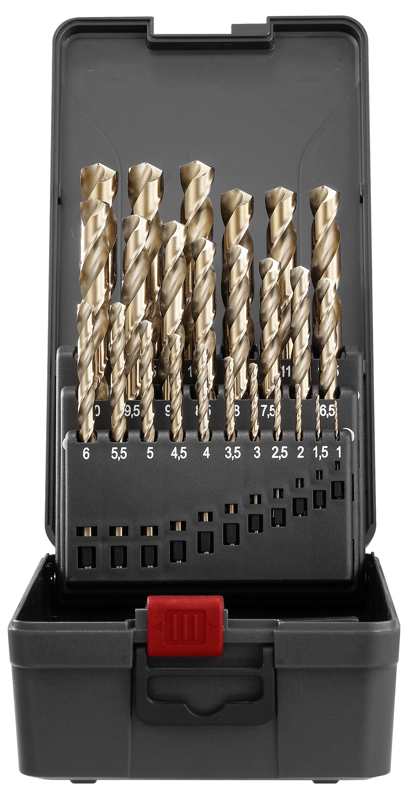 Ein schwarzes Bohrerset mit verschiedenen Größen von 1,5 bis 10 mm, organisiert in einem Halter mit einer roten Verriegelung, konzipiert für Bohraufgaben.