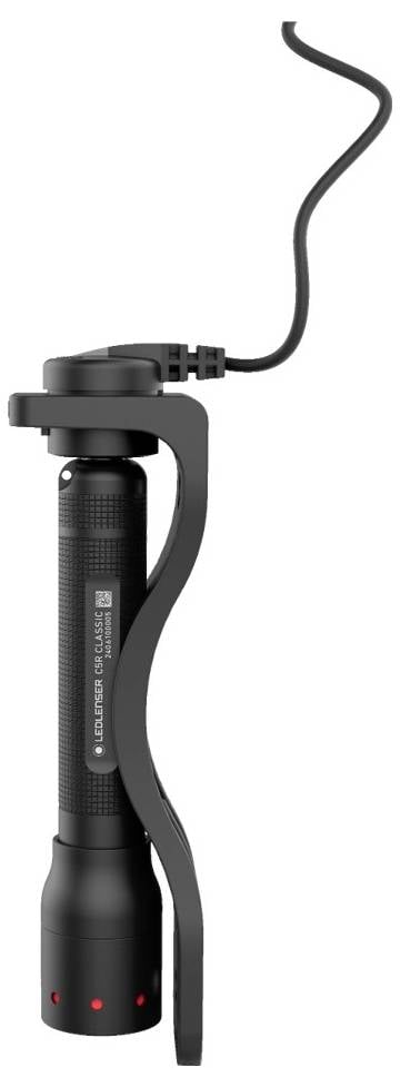 Schwarze Stirnlampe mit Verstellmechanismus und Kabel, geeignet für Outdoor-Aktivitäten bei Nacht.