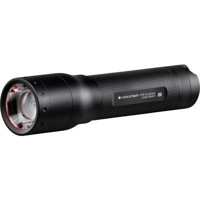 Schwarze LEDLenser C7R Classic Taschenlampe in Seitenansicht, mit strukturiertem Griff und klarer Frontlinse auf weißem Hintergrund.