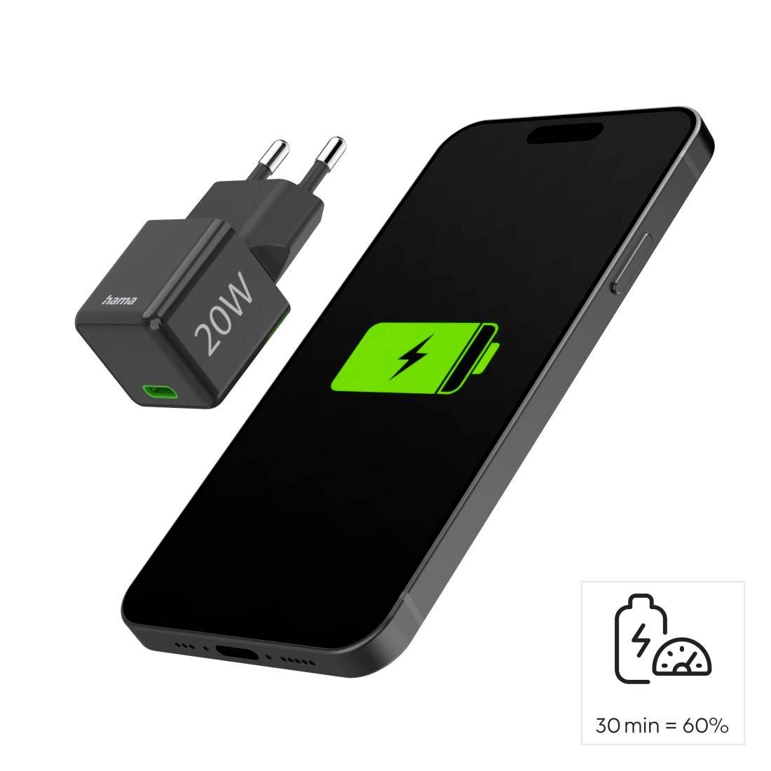 Schwarzes Smartphone zeigt ein grünes Batteriesymbol an. Daneben ein 20W Ladegerät. Unten rechts Symbol: '30 min = 60%'.