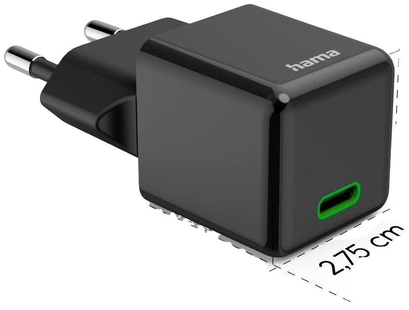 Kleiner, schwarzer USB-C-Ladeadapter mit EU-Stecker, markiert als 'hama'. Maße: 2,75 cm Breite, grün umrandeter Ladeanschluss.