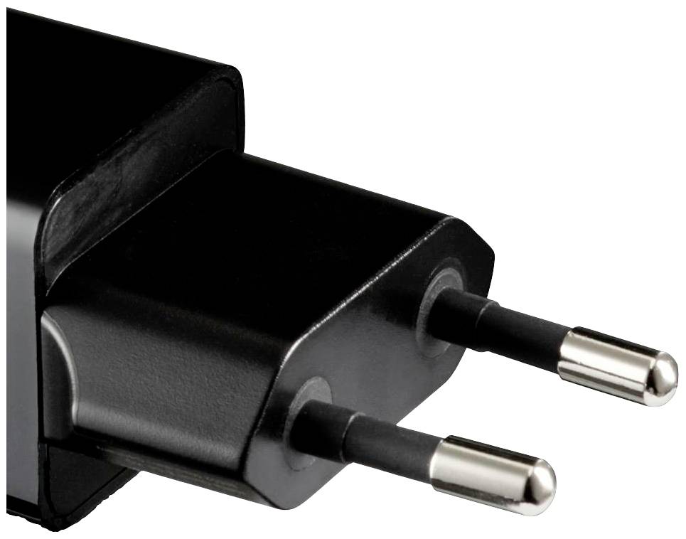 Schwarzes Ladegerät mit europäischem Stecker und zwei runden Metallstiften.