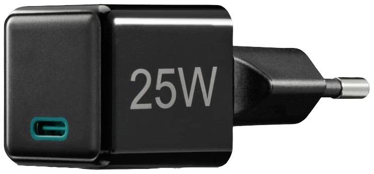 Schwarzes 25W Ladegerät mit einem USB-C-Anschluss, geeignet für schnelles Aufladen elektronischer Geräte.