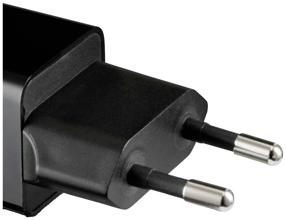 Schwarzer Steckdosenadapter mit zwei Kontakten, seitlich fotografiert, für EU-Steckdosen geeignet.