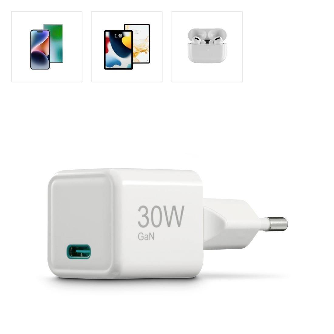 Ein 30W GaN Ladegerät mit EU-Stecker, geeignet für das Aufladen von Smartphones und Kopfhörern. Oben sind Bilder von Mobilgeräten und Kopfhörern.