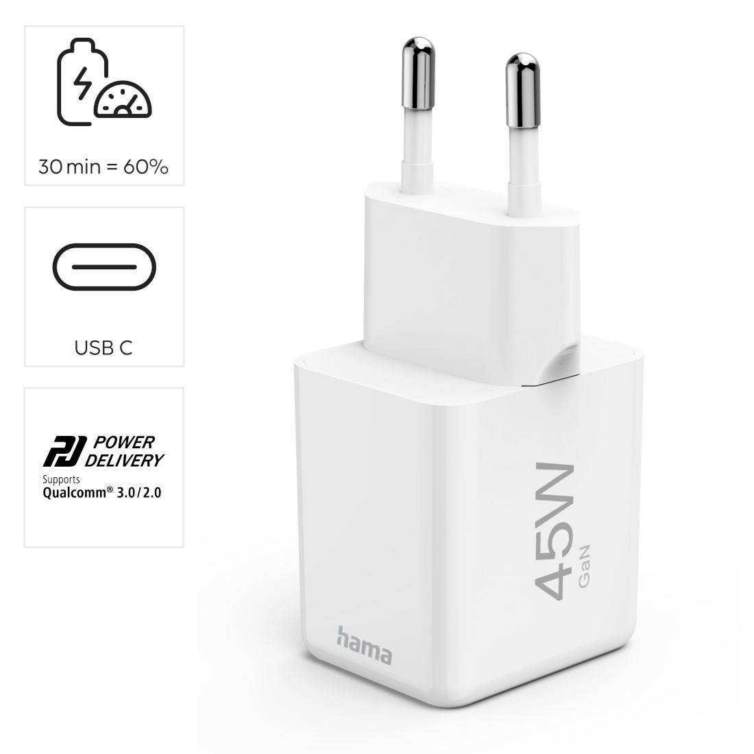 Ein weißes 45W USB-C-Ladegerät von Hama mit Power Delivery, geeignet für schnelles Laden; in 30 Minuten auf 60% aufladbar.