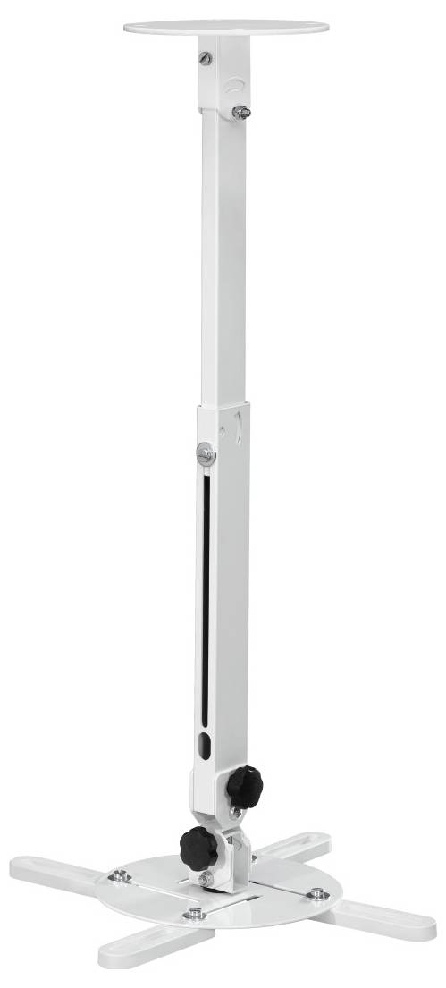 Ein weißer, verstellbarer Projektorhalter mit einer stabilen Basis und einem Teleskoparm zur Deckenmontage von Projektoren.