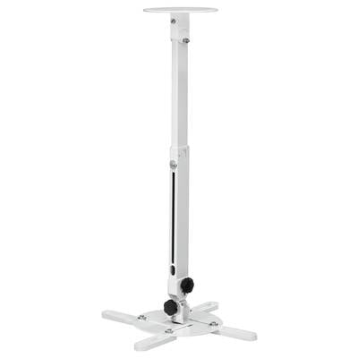 Ein weißer, verstellbarer Projektorhalter mit einer stabilen Basis und einem Teleskoparm zur Deckenmontage von Projektoren.