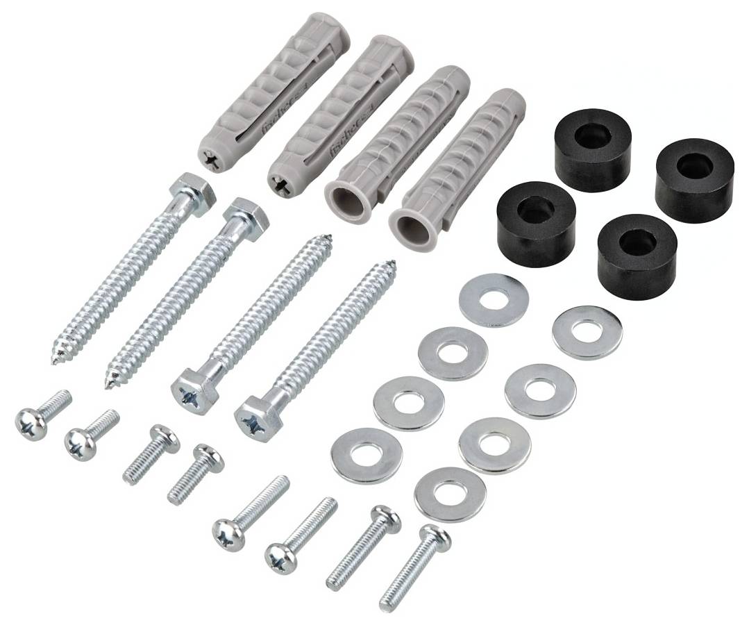 Dübel, Schrauben und Unterlegscheiben in verschiedenen Größen, die für die Wandmontage verwendet werden können.