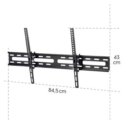 Eine schwarze TV-Wandhalterung mit den Maßen 43 cm Höhe und 84,5 cm Breite, geeignet für die Befestigung eines Flachbildfernsehers.