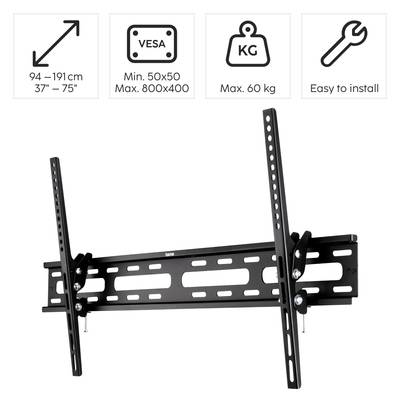 TV-Wandhalterung mit verstellbarer Neigung, passend für TV-Größen von 37–75 Zoll. VESA-kompatibel, max. 60 kg Belastung, einfache Montage.
