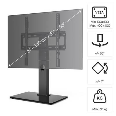 'TV-Ständer mit universalem VESA-Montagemuster, geeignet für 81-140 cm (32"-55") Bildschirmgrößen. Neigung und Drehung ±30°, schwenkbar ±3°. Tragkraft bis 30 kg.'