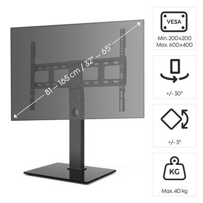 Höhenverstellbarer TV-Ständer für 32"-65" Fernseher. Kompatibel mit VESA 200x200 bis 600x400, drehbar ±30°, neigbar ±3°, max. 40 kg.