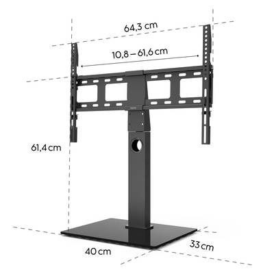 TV-Ständer mit verstellbarer Höhe, zeigt Maße: 64,3 cm Breite, 61,4 cm Höhe, Basis 40 cm Tiefe und 33 cm Breite, Halterung 10,8-61,6 cm.